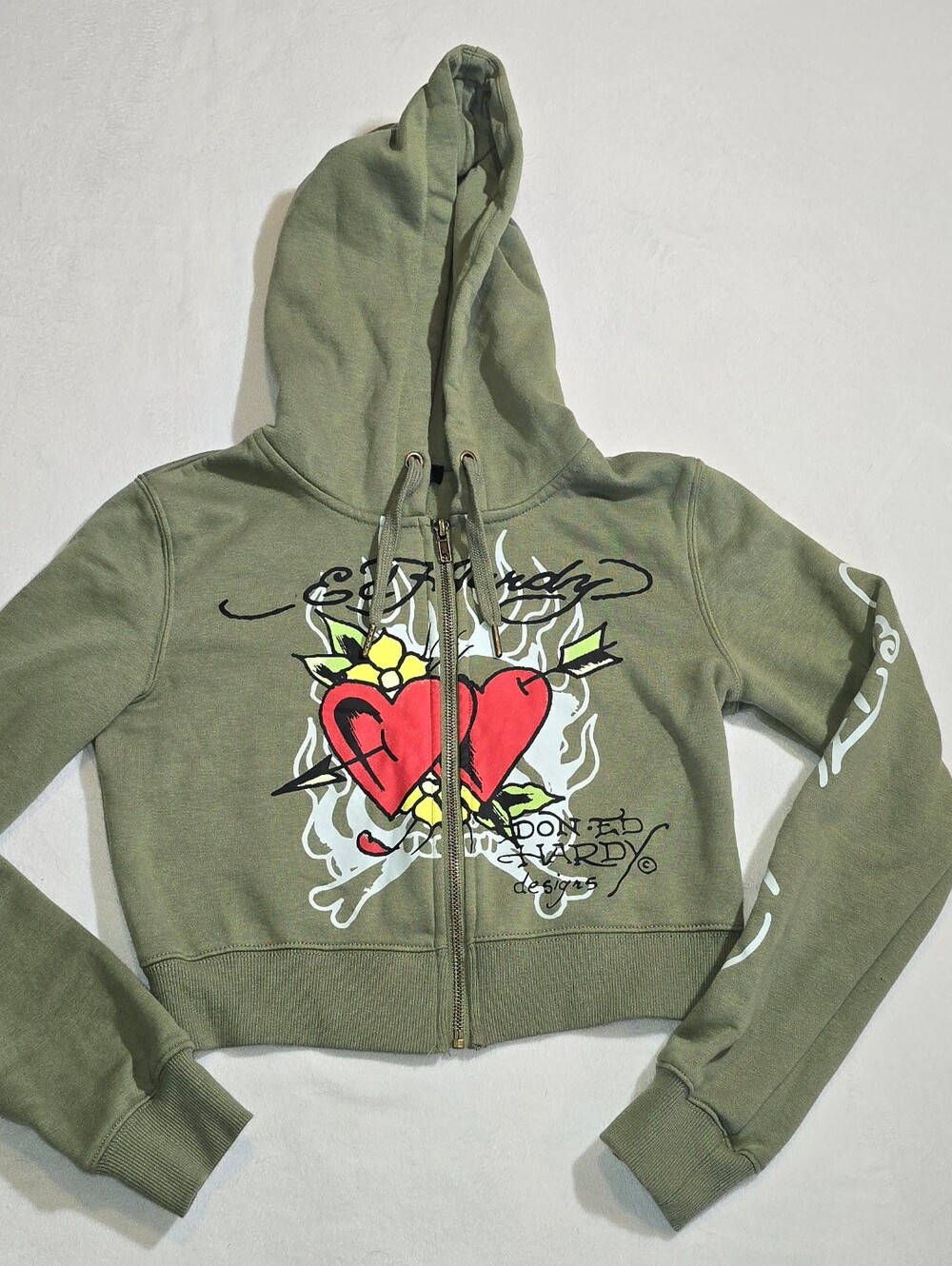 Ed Hardy Olive Green Cropped Zip Hoodie with Red Heart Graphic